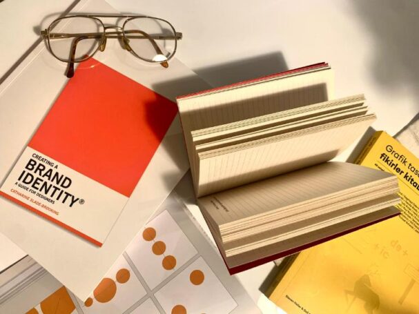 books on a desk with a book on Brand identity